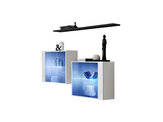 Ensemble salon SWITCH SBIII blanc brillant, porte vitrée LED intégrée, étagère noire, design moderne