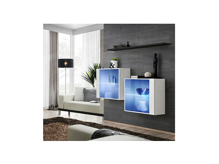 Ensemble salon SWITCH SBIII blanc brillant, porte vitrée LED intégrée, étagère noire, design moderne