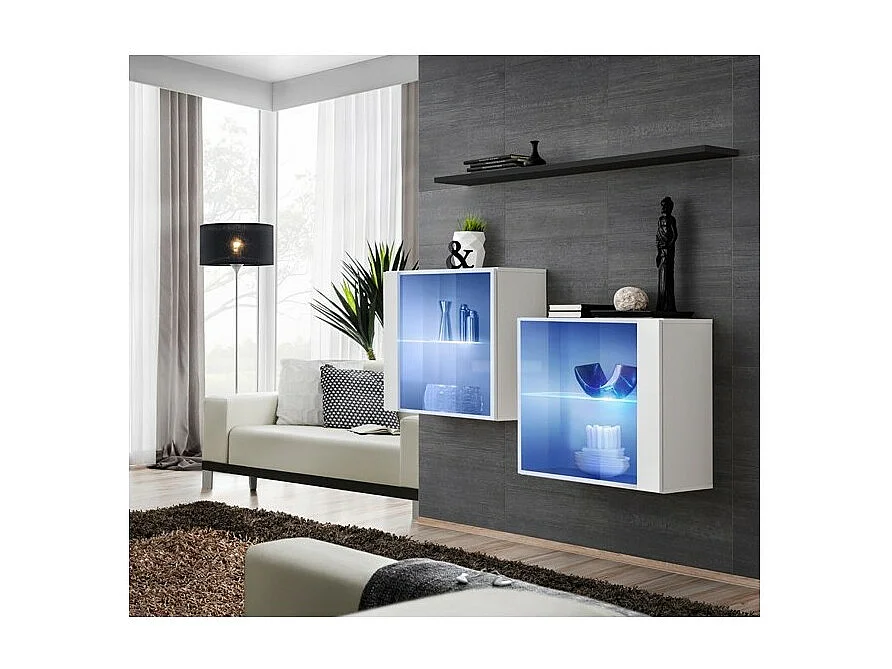 Conjunto de móveis para sala de estar SWITCH SBIII, design moderno, na cor branco brilhante com porta de vidro e sistema de LED integrado, prateleira preta.