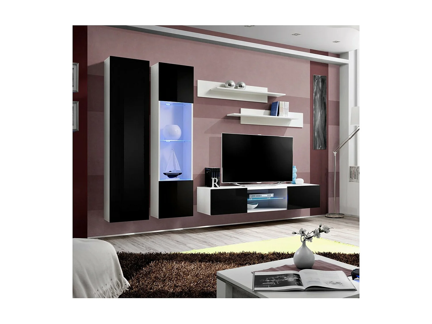 TV-Möbel Set FLY O5 – LED – Weiß und Schwarz – Hängendes Designermöbel – Modernes Wohnzimmer