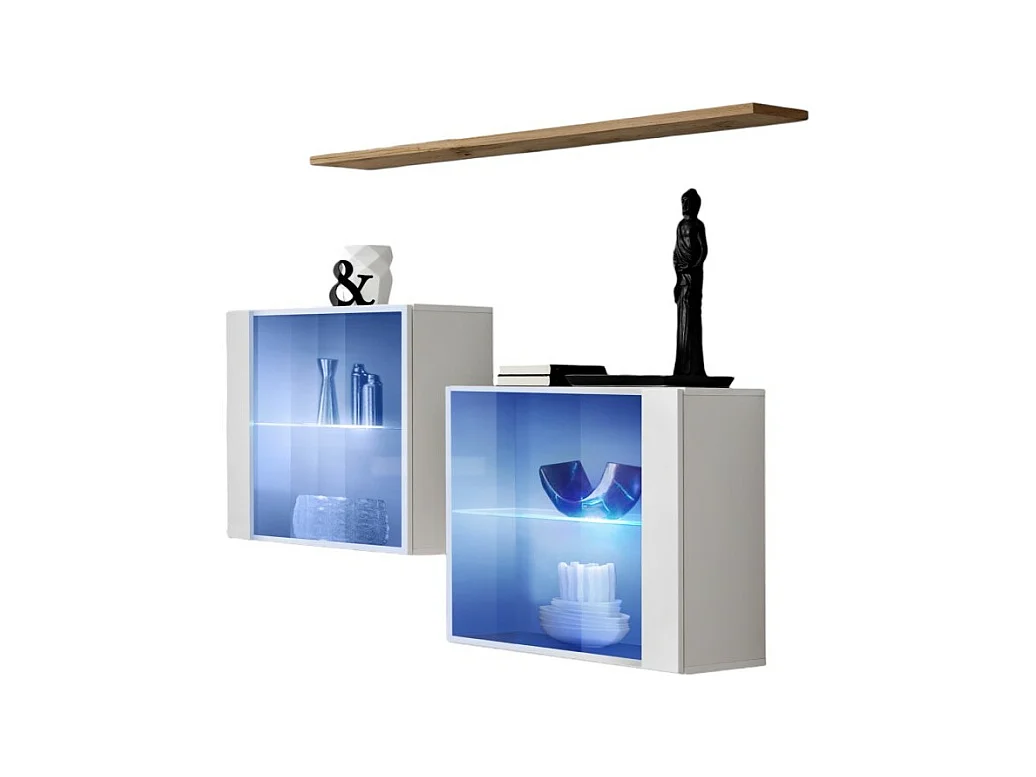 Ensemble salon SWITCH SBIII blanc brillant, porte vitrée LED intégrée, étagére chêne Wotan, moderne