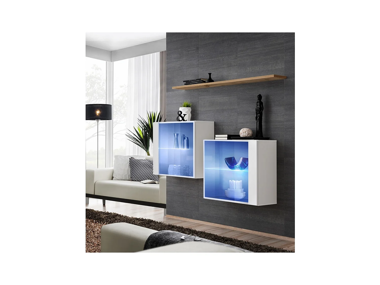 Ensemble salon SWITCH SBIII blanc brillant, porte vitrée LED intégrée, étagére chêne Wotan, moderne