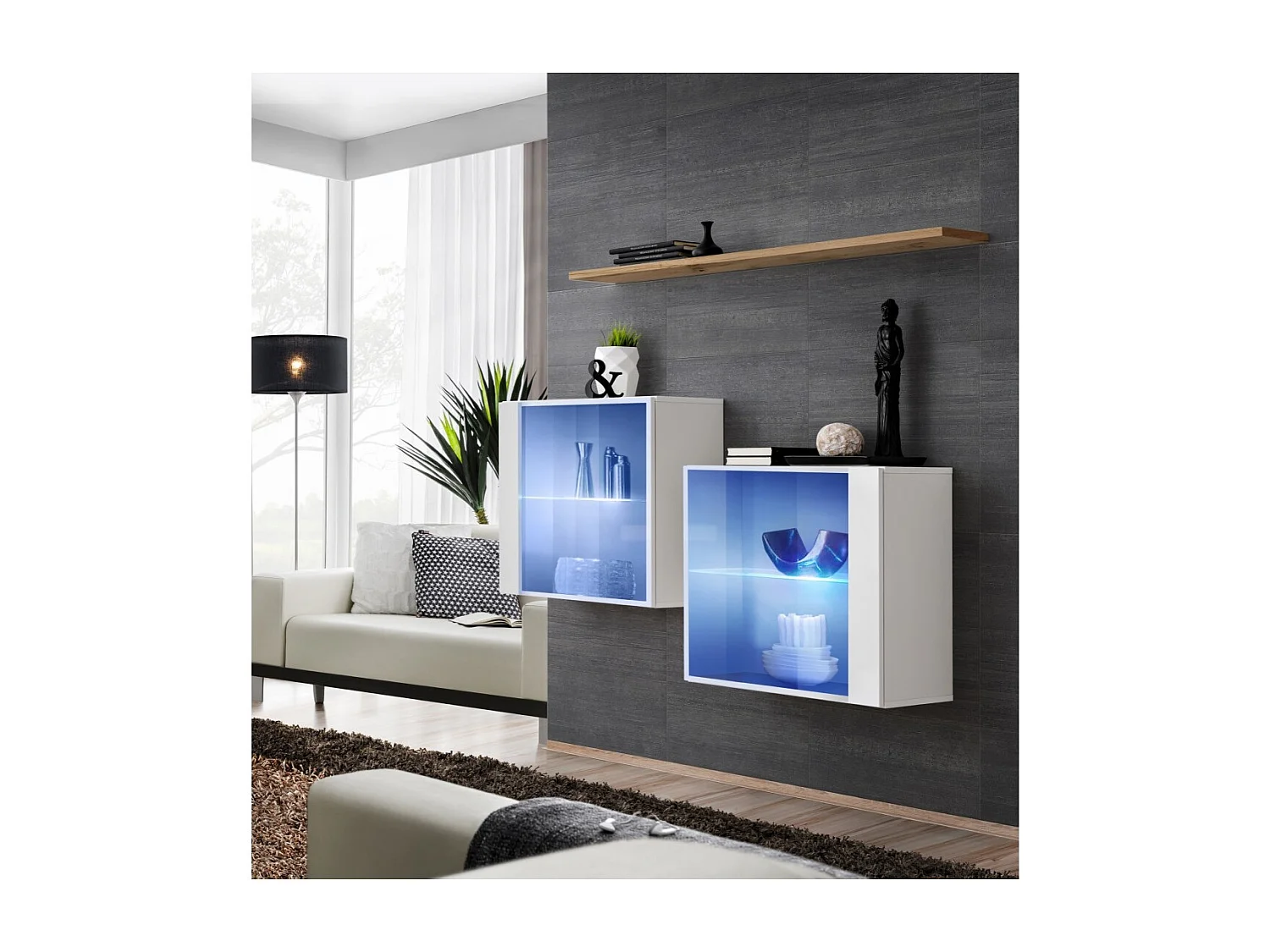Conjunto de móveis para sala de estar SWITCH SBIII, na cor branco brilhante e porta de vidro com sistema LED integrado, prateleira em carvalho Wotan.