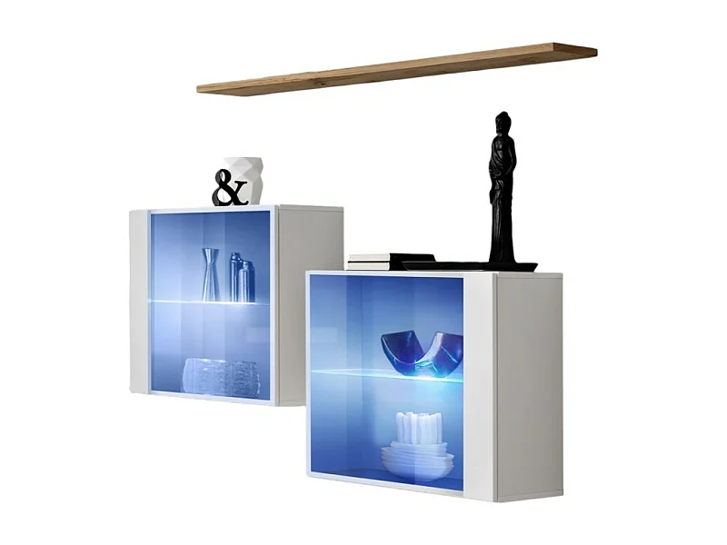 Ensemble salon SWITCH SBIII blanc brillant, porte vitrée LED intégrée, étagére chêne Wotan, moderne