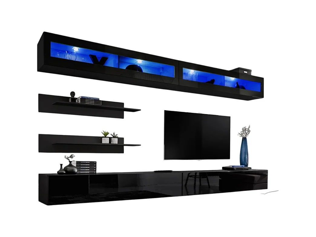 Ensemble de meubles suspendus avec LEDS collection FLY. Coloris noir.