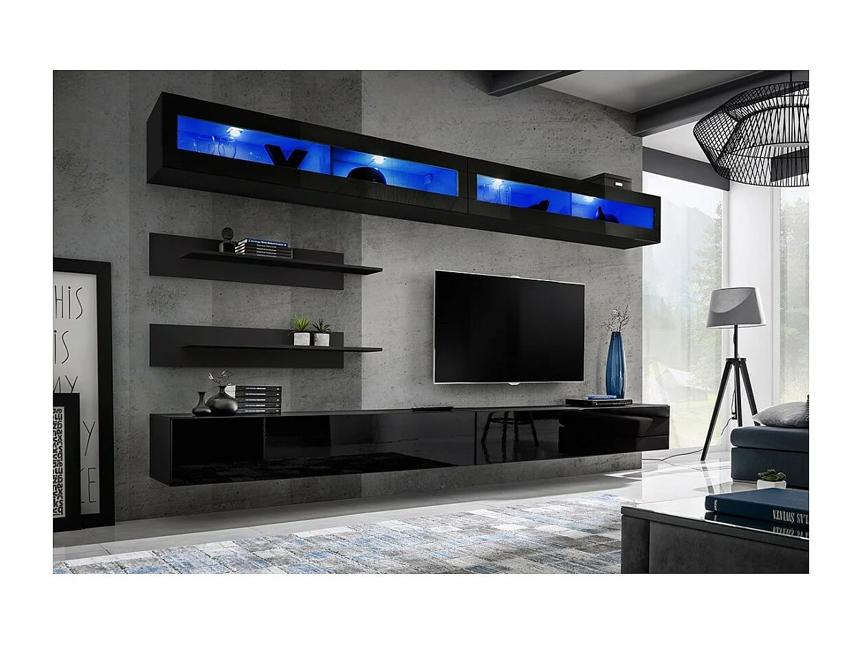 Ensemble de meubles suspendus avec LEDS collection FLY. Coloris noir.