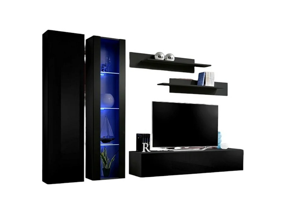 Meuble TV FLY A4 design, coloris noir brillant + LED. Meuble suspendu moderne et tendance pour votre salon