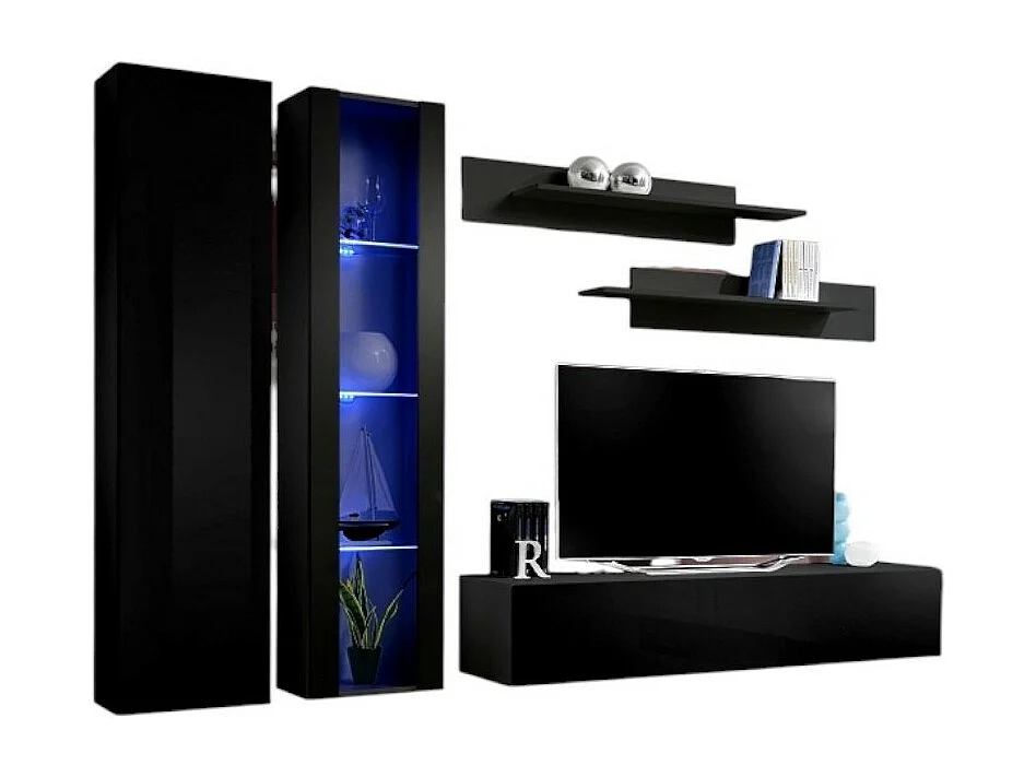 TV-meubel FLY A4 design, glanzend zwart + LED. Modern en trendy zwevend meubel voor uw woonkamer.