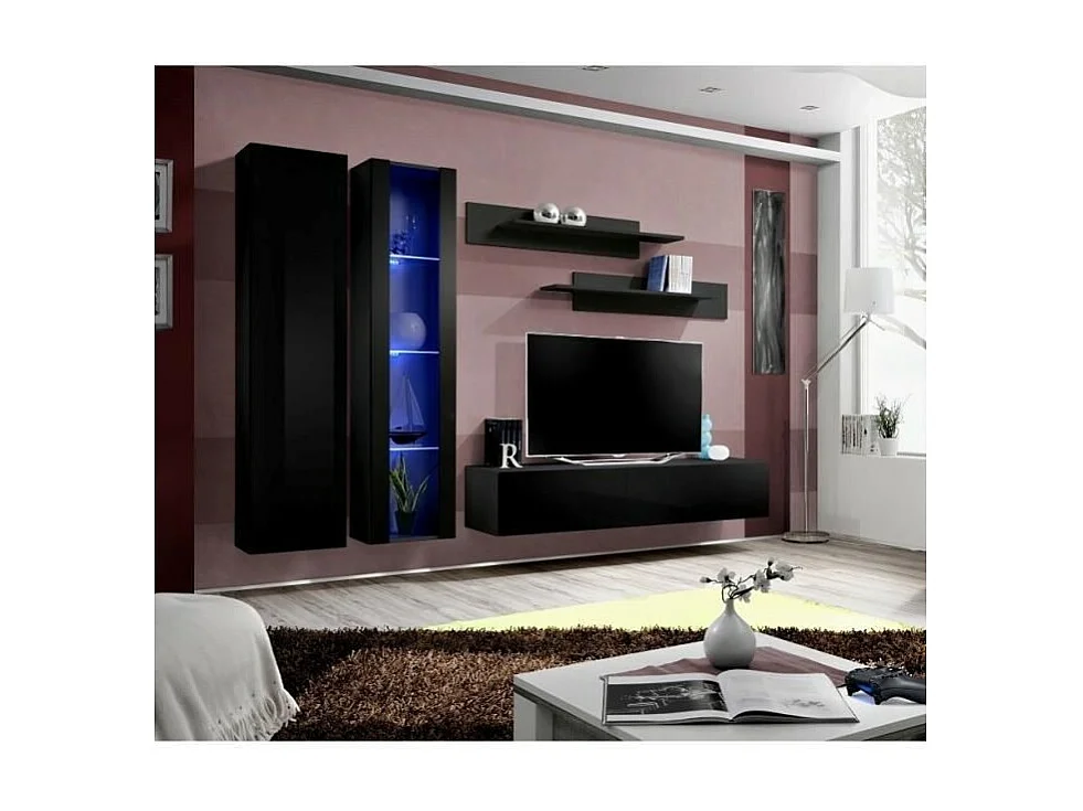 TV-meubel FLY A4 design, glanzend zwart + LED. Modern en trendy zwevend meubel voor uw woonkamer.