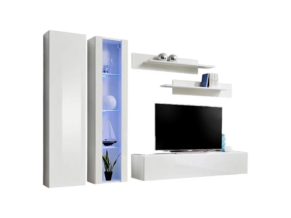 TV-Möbel FLY A4 Design, in glänzendem Weiß + LED. Modernes und trendiges Hängemöbel für Ihr Wohnzimmer.