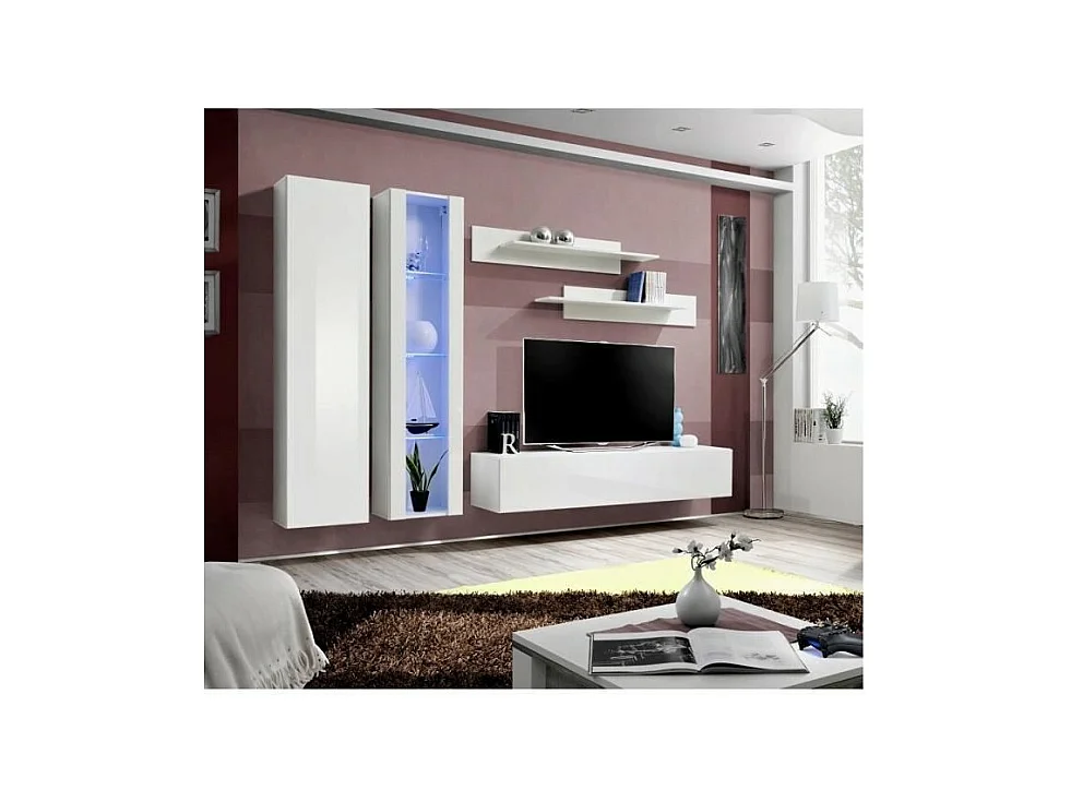 TV-Möbel FLY A4 Design, in glänzendem Weiß + LED. Modernes und trendiges Hängemöbel für Ihr Wohnzimmer.