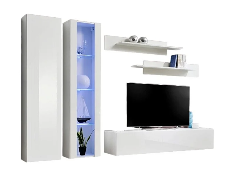 Meuble TV FLY A4 design, coloris blanc brillant + LED. Meuble suspendu moderne et tendance pour votre salon.