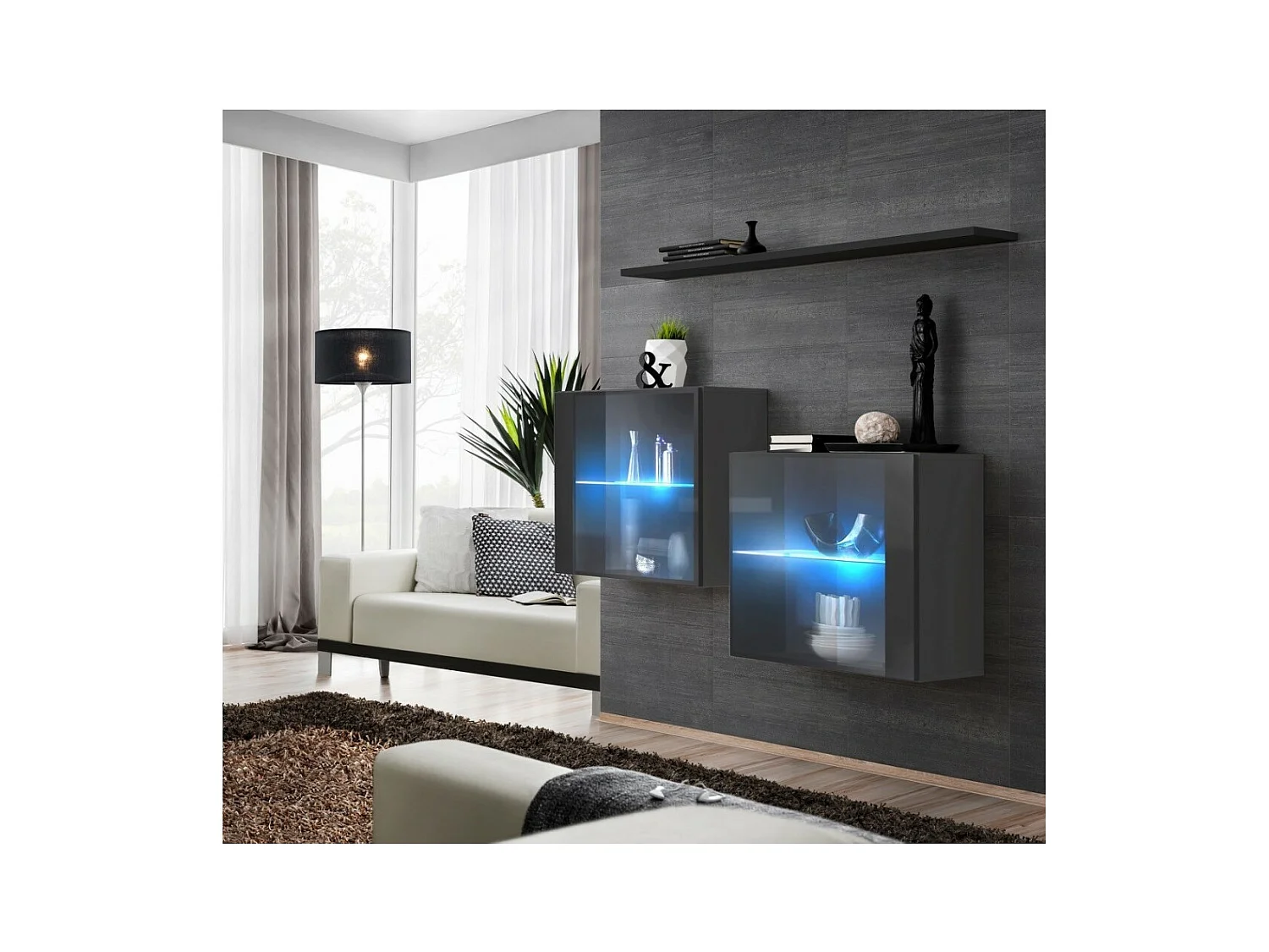 Ensemble salon SWITCH SBIII gris brillant, porte vitrée LED intégrée, étagére noire, design moderne