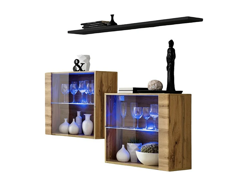 Conjunto de muebles de sala SWITCH SBIII, color roble Wotan y puerta de vidrio con sistema LED integrado, estante negro.