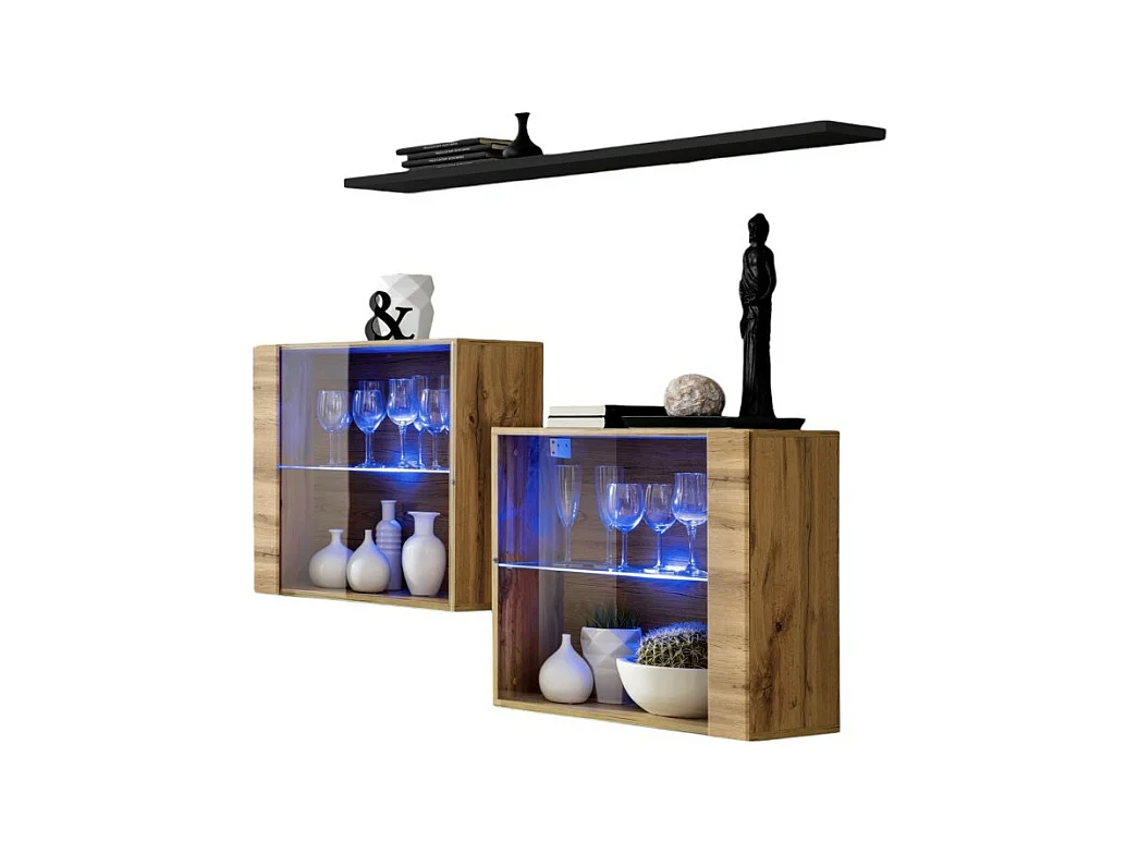 Ensemble meubles de salon SWITCH SBIII, coloris chêne Wotan et porte vitrée avec système LED intégré, étagère noire.