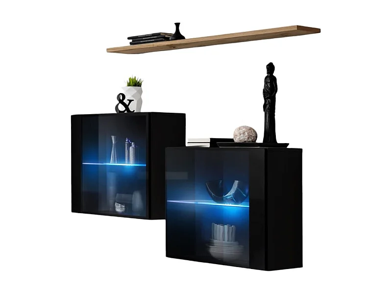 Wohnzimmer-Set SWITCH SBIII in glänzendem Schwarz, mit Glastür und integrierter LED-Beleuchtung, Wotan-Eichenregal, modern