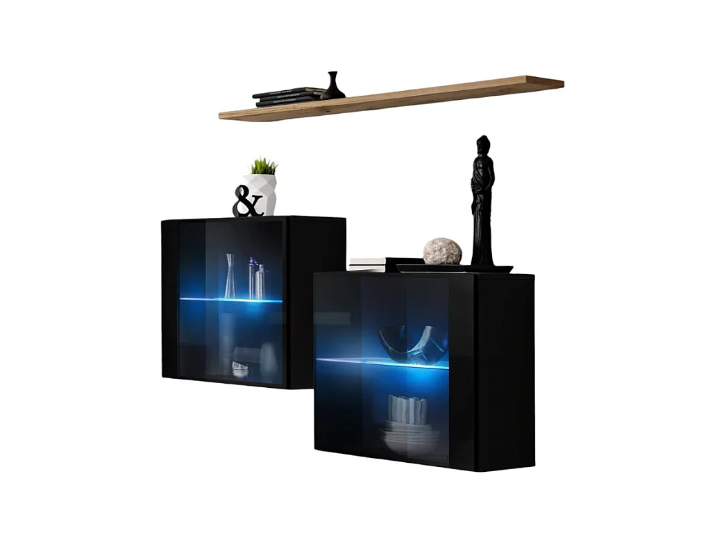 Ensemble salon SWITCH SBIII noir brillant, porte vitrée LED intégrée, étagére chêne Wotan, moderne