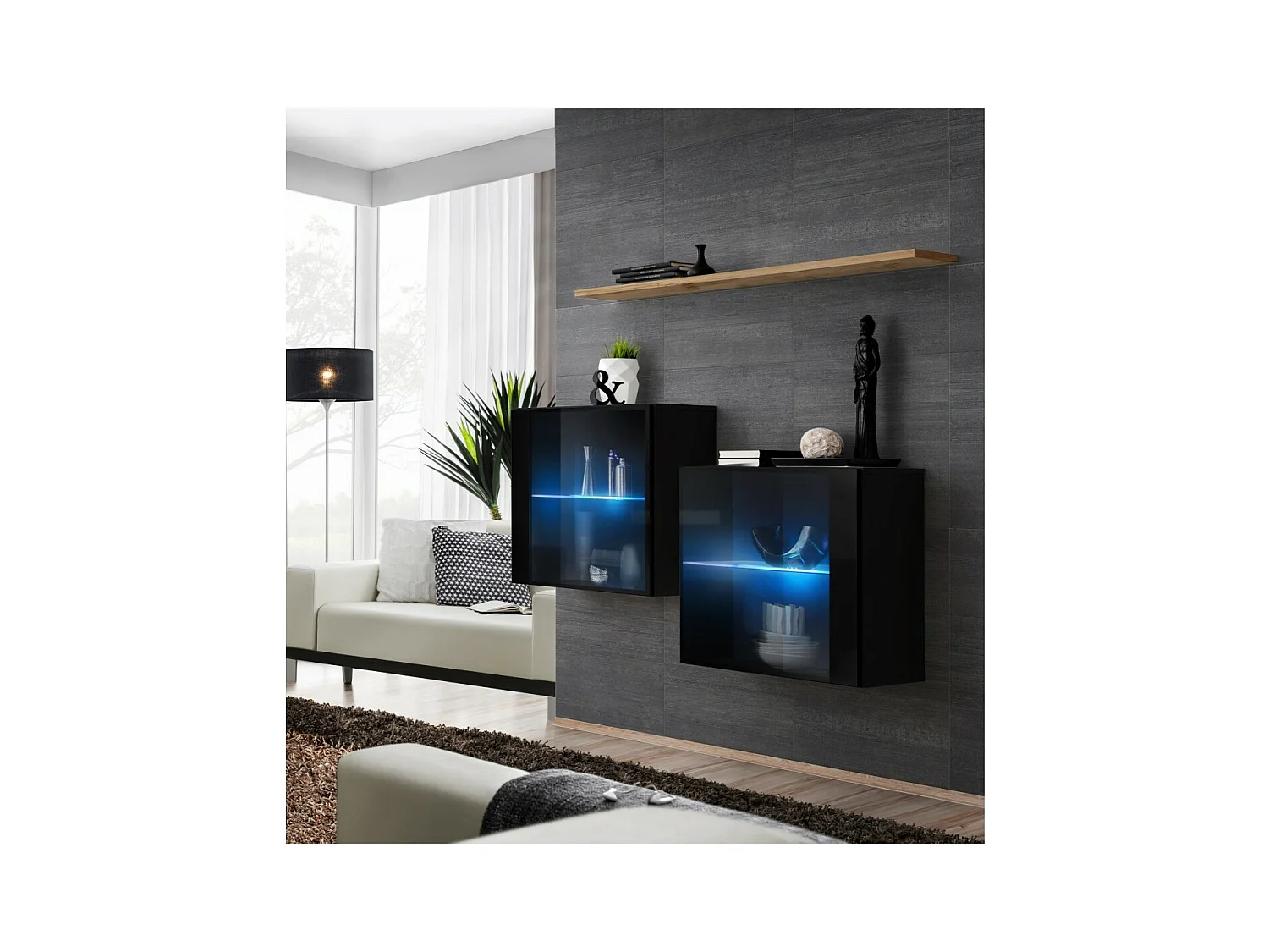 Conjunto de móveis para sala SWITCH SBIII, cor preto brilhante e porta de vidro com sistema LED integrado, prateleira de carvalho Wotan.