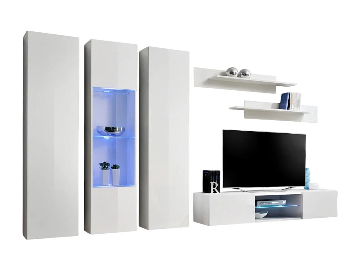 Ensemble Meuble TV FLY P5 avec LED. Coloris blanc. Meubles suspendus design pour votre salon.
