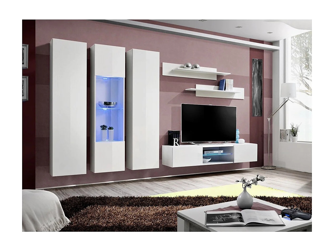 Ensemble Meuble TV FLY P5 avec LED. Coloris blanc. Meubles suspendus design pour votre salon.