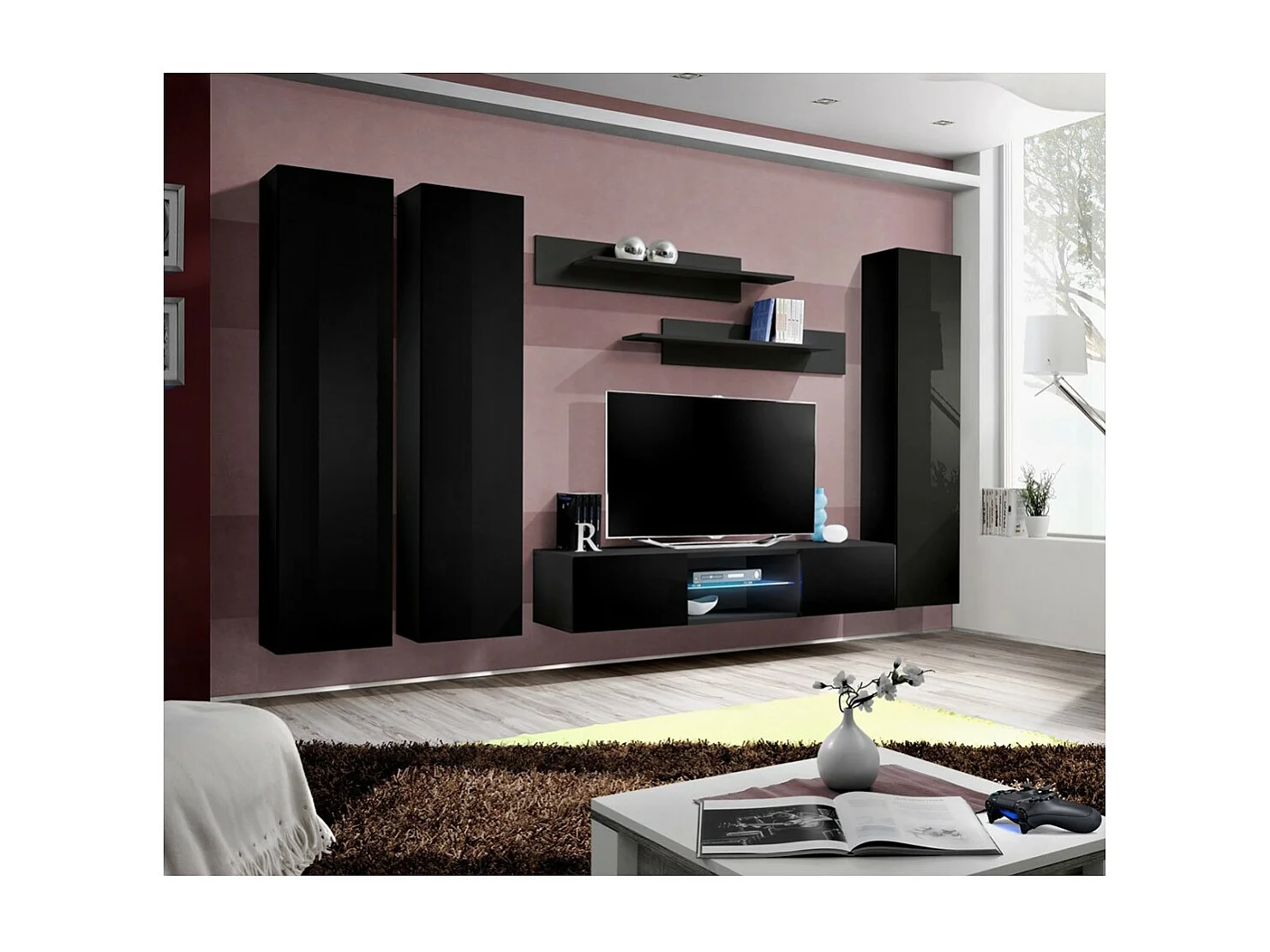 TV Meubel Set FLY P1 - LED - Zwart - Design Zwevende Meubels - Modern Woonkamer
