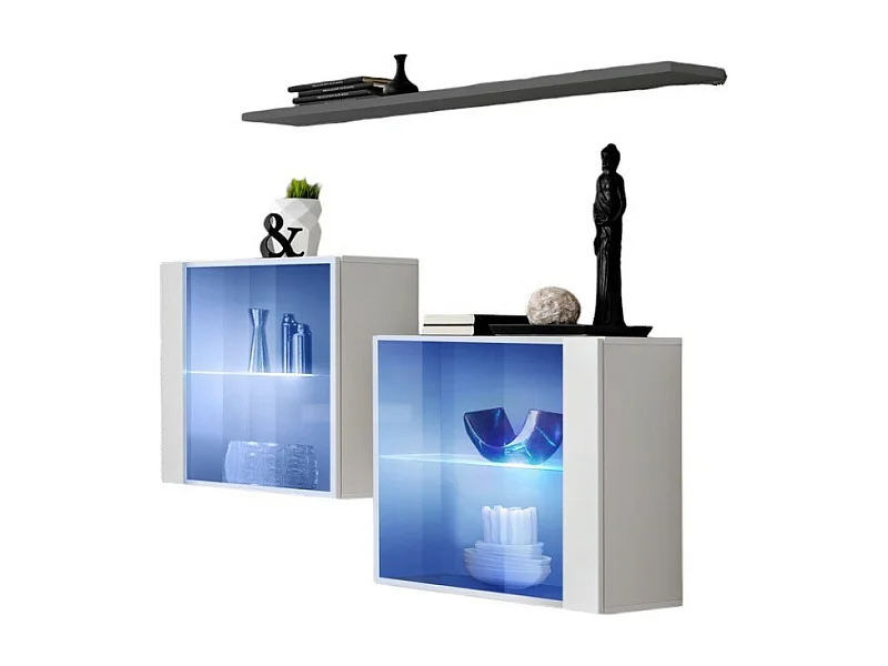 Set salotto SWITCH SBIII bianco lucido, porta in vetro con LED integrato, scaffale grigio, design moderno