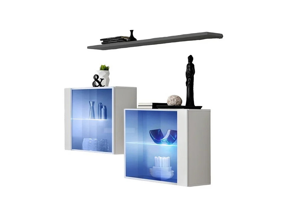 Wohnzimmer-Set SWITCH SBIII in glänzendem Weiß, mit Glastür und integriertem LED-Licht, graues Regal, modernes Design