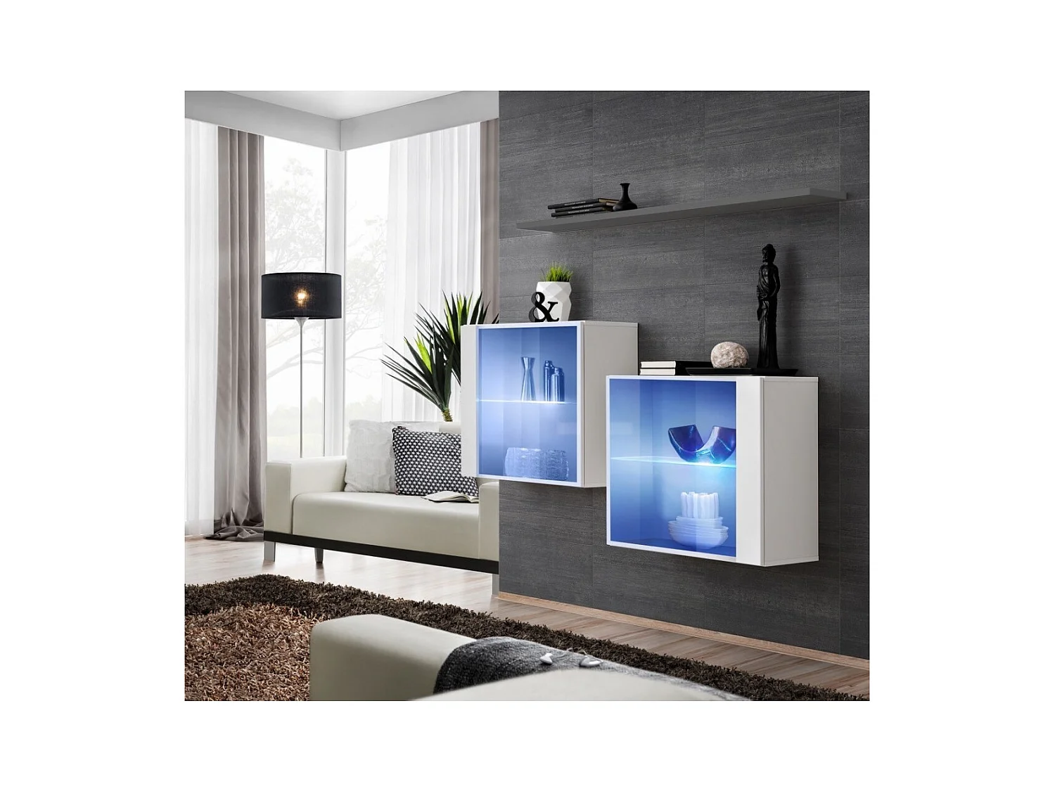 Wohnzimmer-Set SWITCH SBIII in glänzendem Weiß, mit Glastür und integriertem LED-Licht, graues Regal, modernes Design