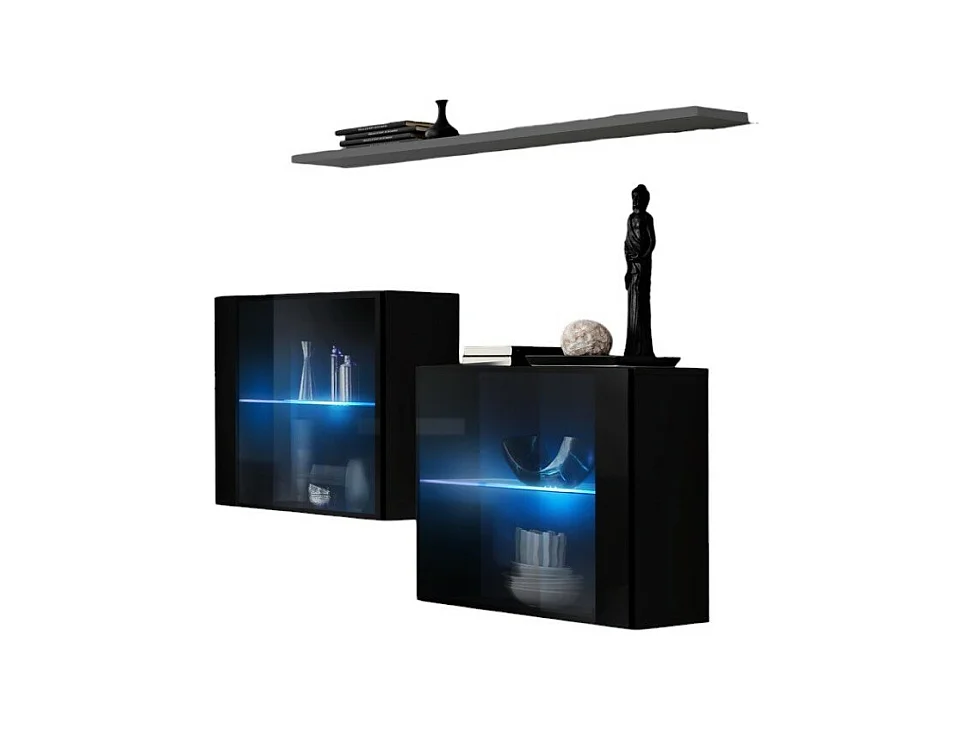Wohnzimmer-Set SWITCH SBIII in glänzendem Schwarz, mit Glastür und integrierter LED, graues Regal, modernes Design