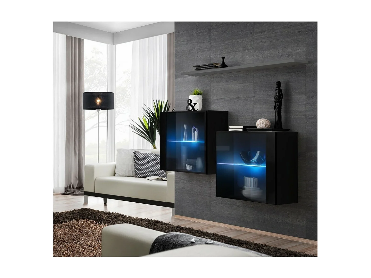 Ensemble salon SWITCH SBIII noir brillant, porte vitrée LED intégrée, étagére grise, design moderne