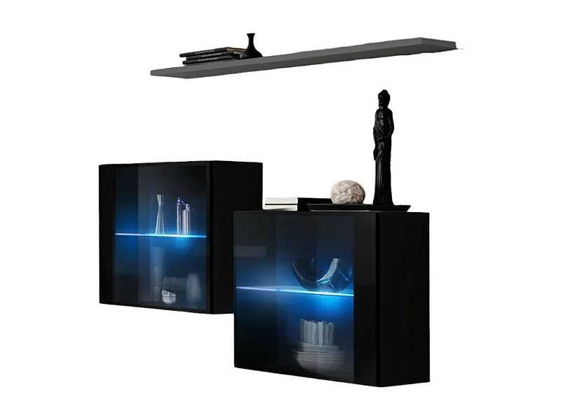Ensemble salon SWITCH SBIII noir brillant, porte vitrée LED intégrée, étagére grise, design moderne
