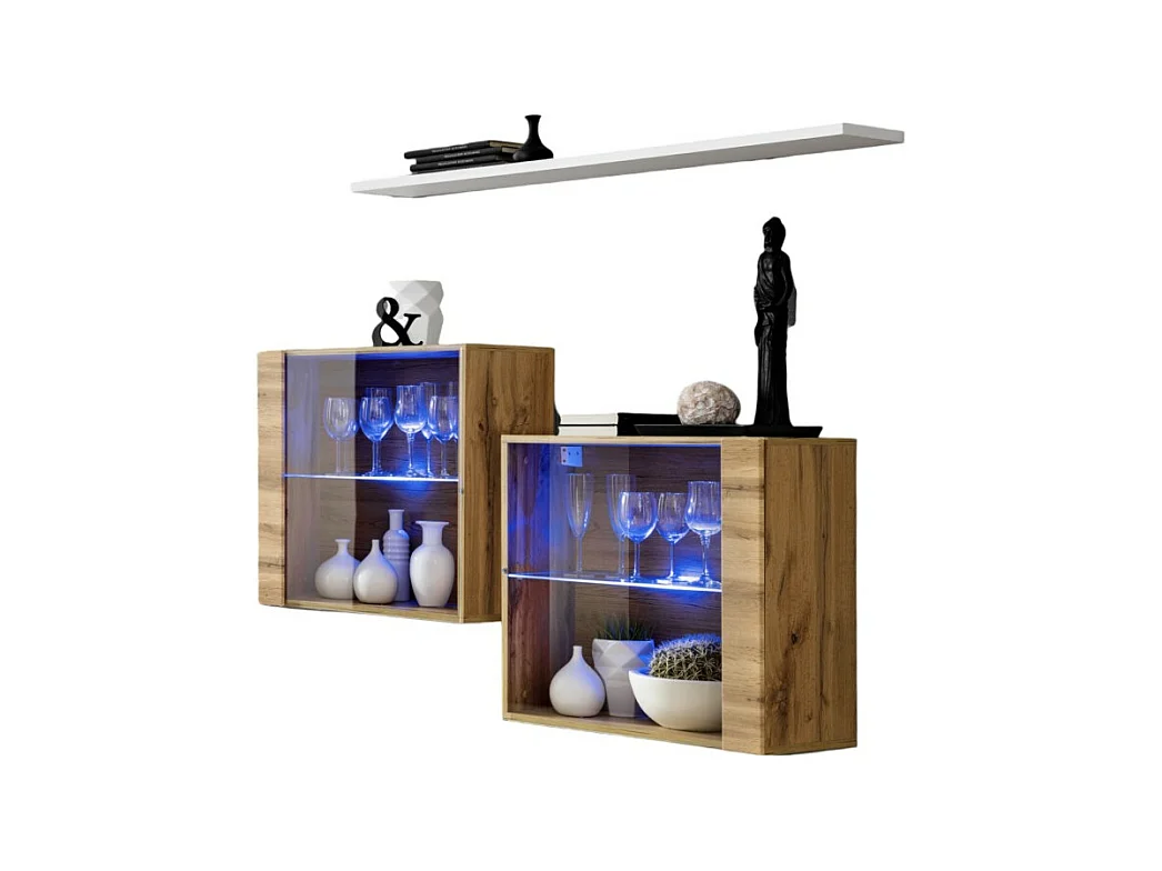 Ensemble salon SWITCH SBIII chêne Wotan, porte vitrée LED intégrée, étagére blanche, design moderne