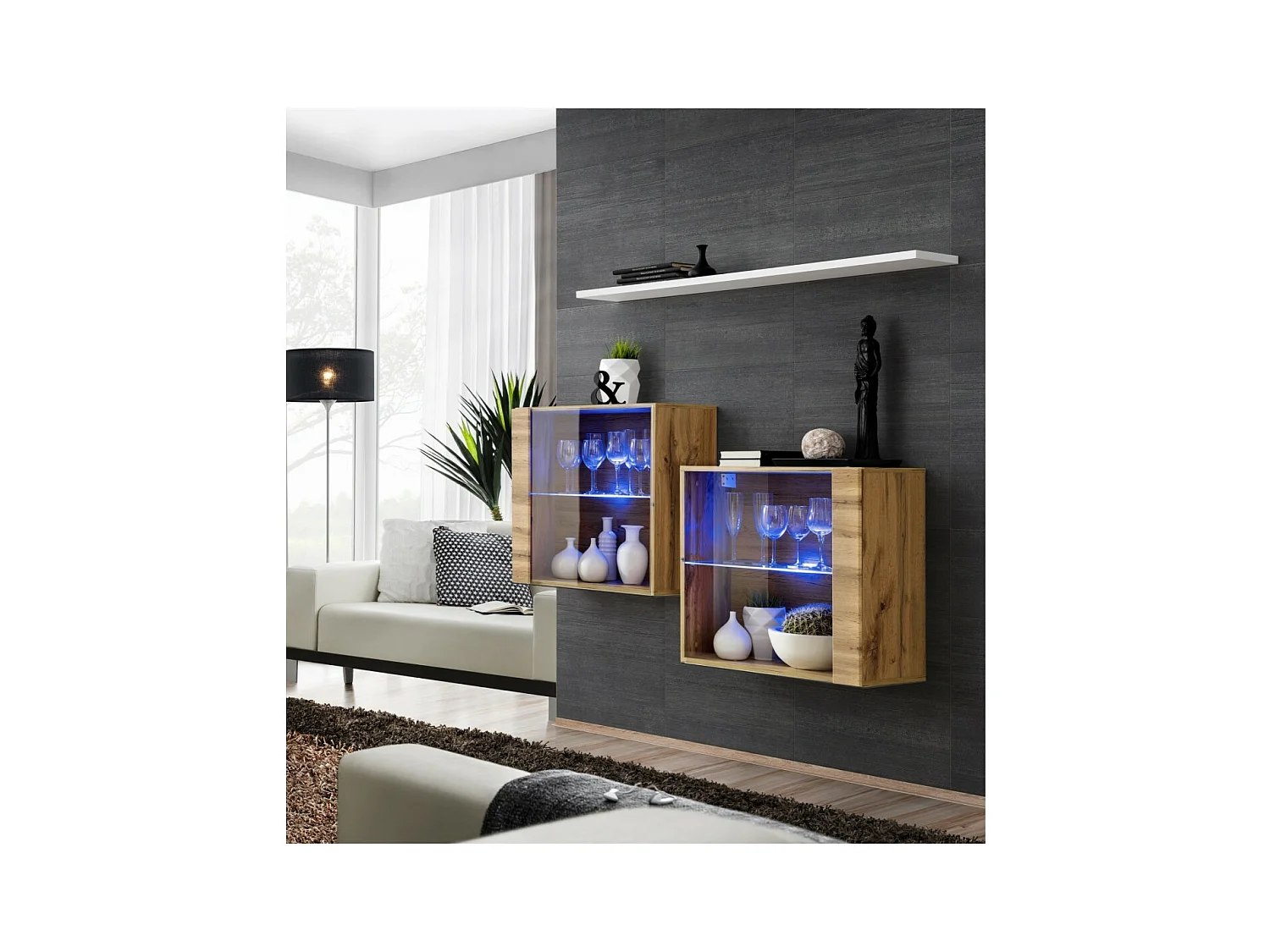 Conjunto de móveis para sala de estar SWITCH SBIII design, cor carvalho Wotan e porta com vidro com sistema LED integrado, prateleira branca.