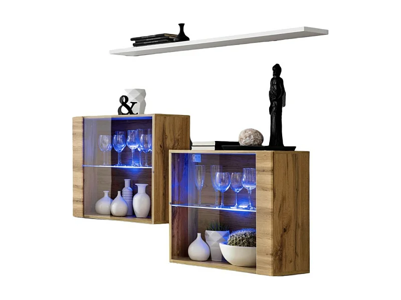Conjunto de móveis para sala de estar SWITCH SBIII design, cor carvalho Wotan e porta com vidro com sistema LED integrado, prateleira branca.