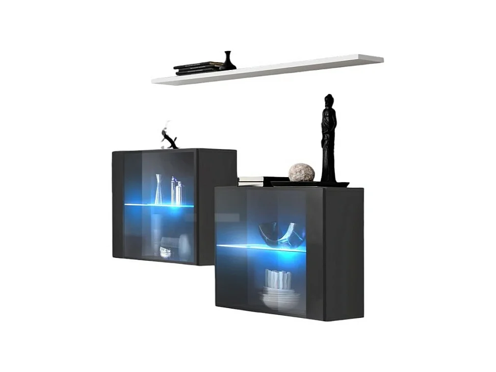 Ensemble salon SWITCH SBIII gris brillant, porte vitrée LED intégrée, étagére blanche, design moderne