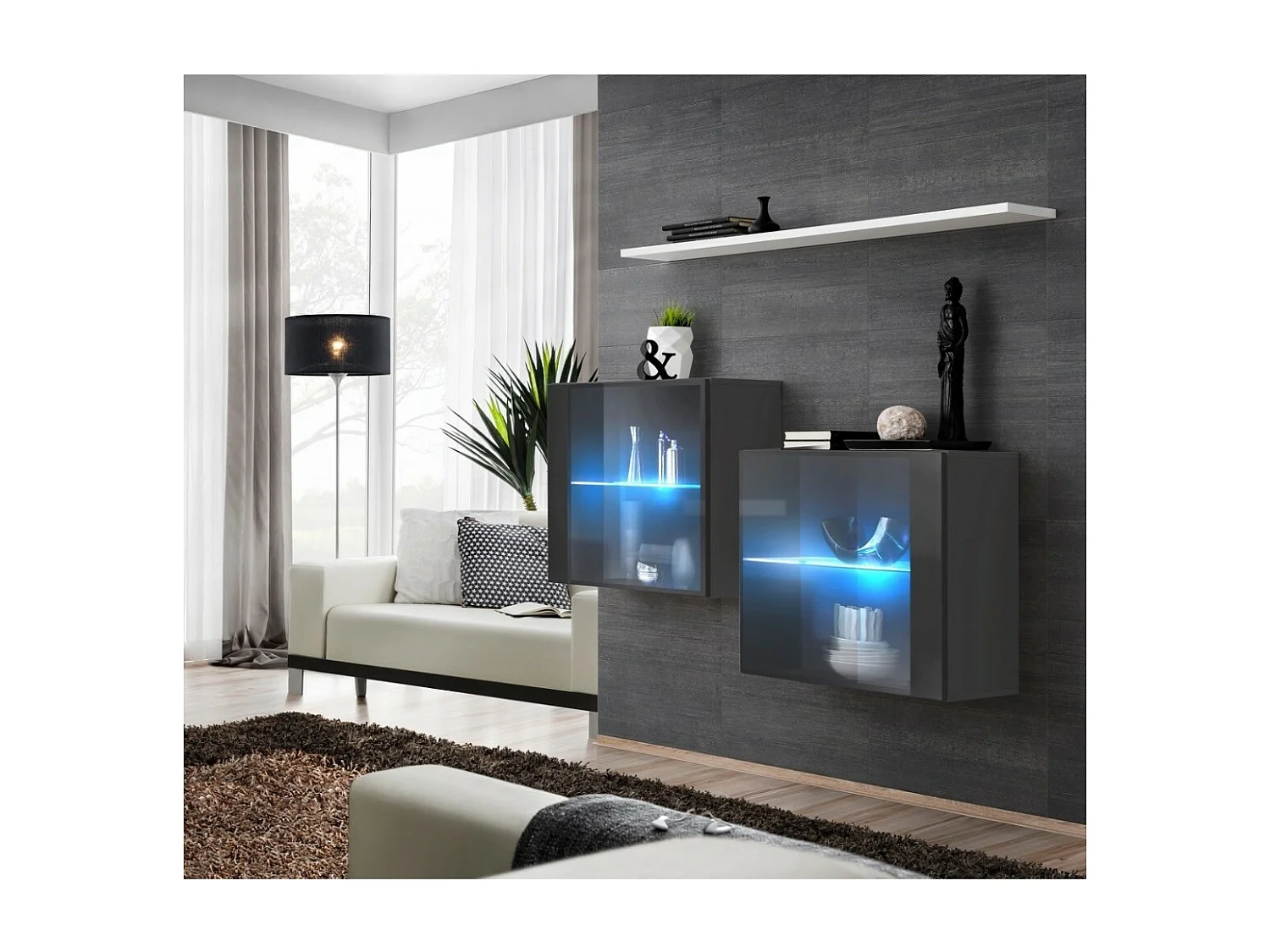 Conjunto de móveis para sala de estar SWITCH SBIII, design, cor cinza brilhante e porta de vidro com sistema LED integrado, prateleira branca.