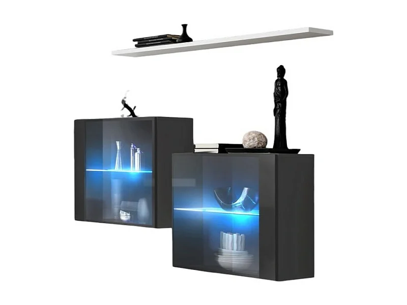 Woonkamerset SWITCH SBIII in glanzend grijs, met glazen deur en geïntegreerde LED-verlichting, witte plank, modern design