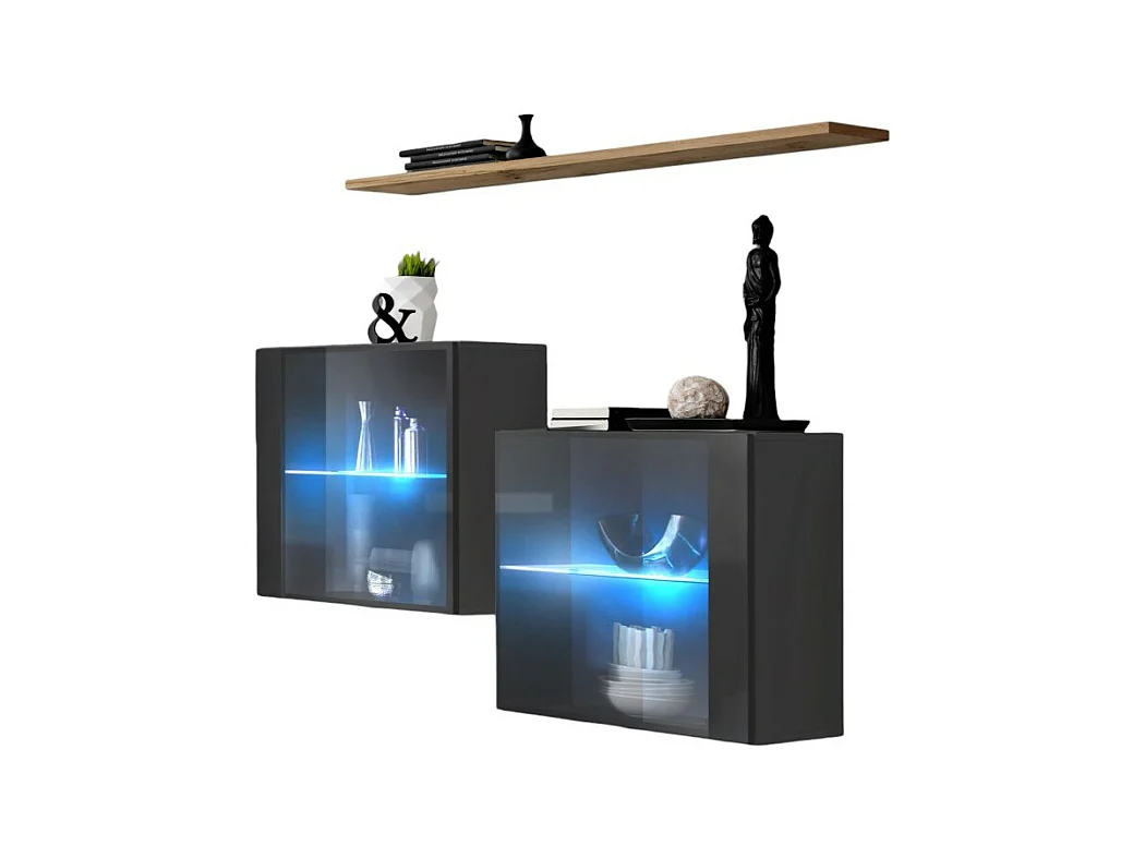 Ensemble salon SWITCH SBII gris brillant, porte vitrée LED intégrée, étagére chêne Wotan, moderne