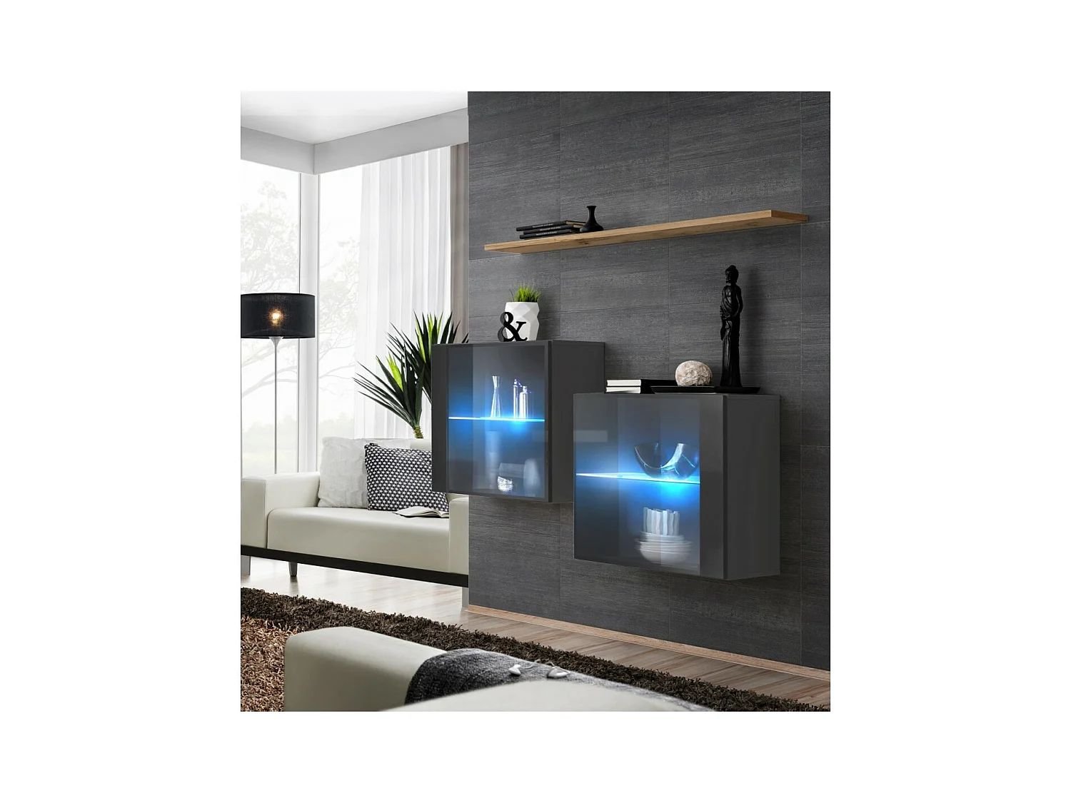 Conjunto de móveis para sala de estar SWITCH SBII, cor cinza brilhante e porta de vidro com sistema LED integrado, prateleira de carvalho Wotan.