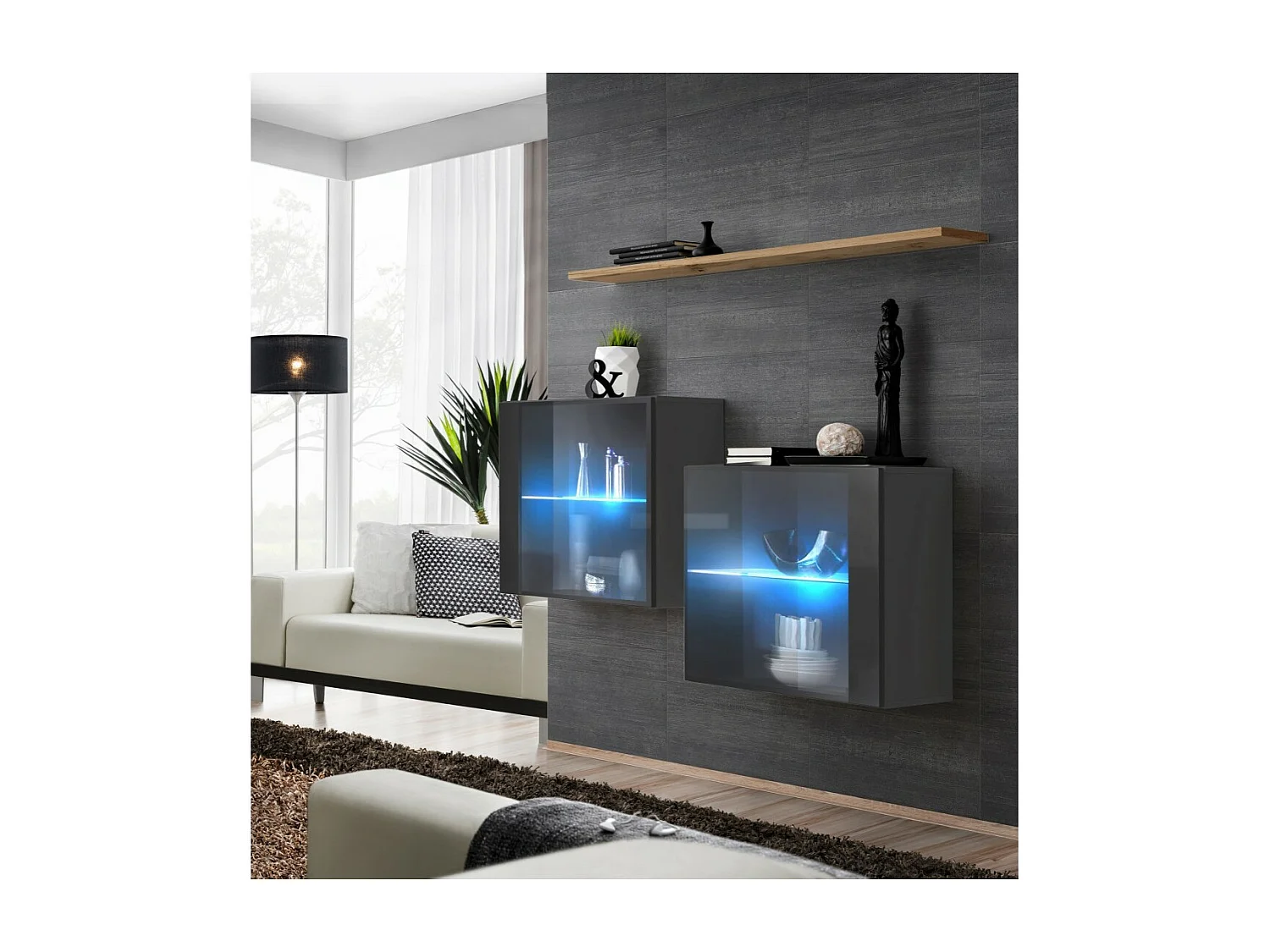 Moderne woonkamerset SWITCH SBII in glanzend grijs, met glazen deur en ingebouwde LED-verlichting, Wotan eiken plank