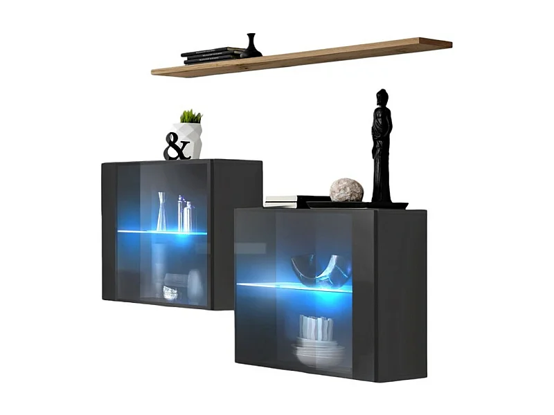 Conjunto de móveis para sala de estar SWITCH SBII, cor cinza brilhante e porta de vidro com sistema LED integrado, prateleira de carvalho Wotan.