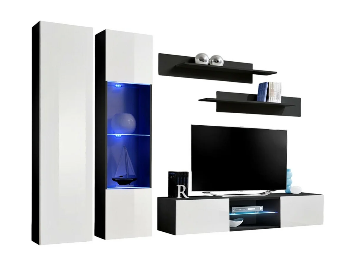 Ensemble Meuble TV FLY O5 avec LED. Coloris noir et blanc. Meuble suspendu design pour votre salon.