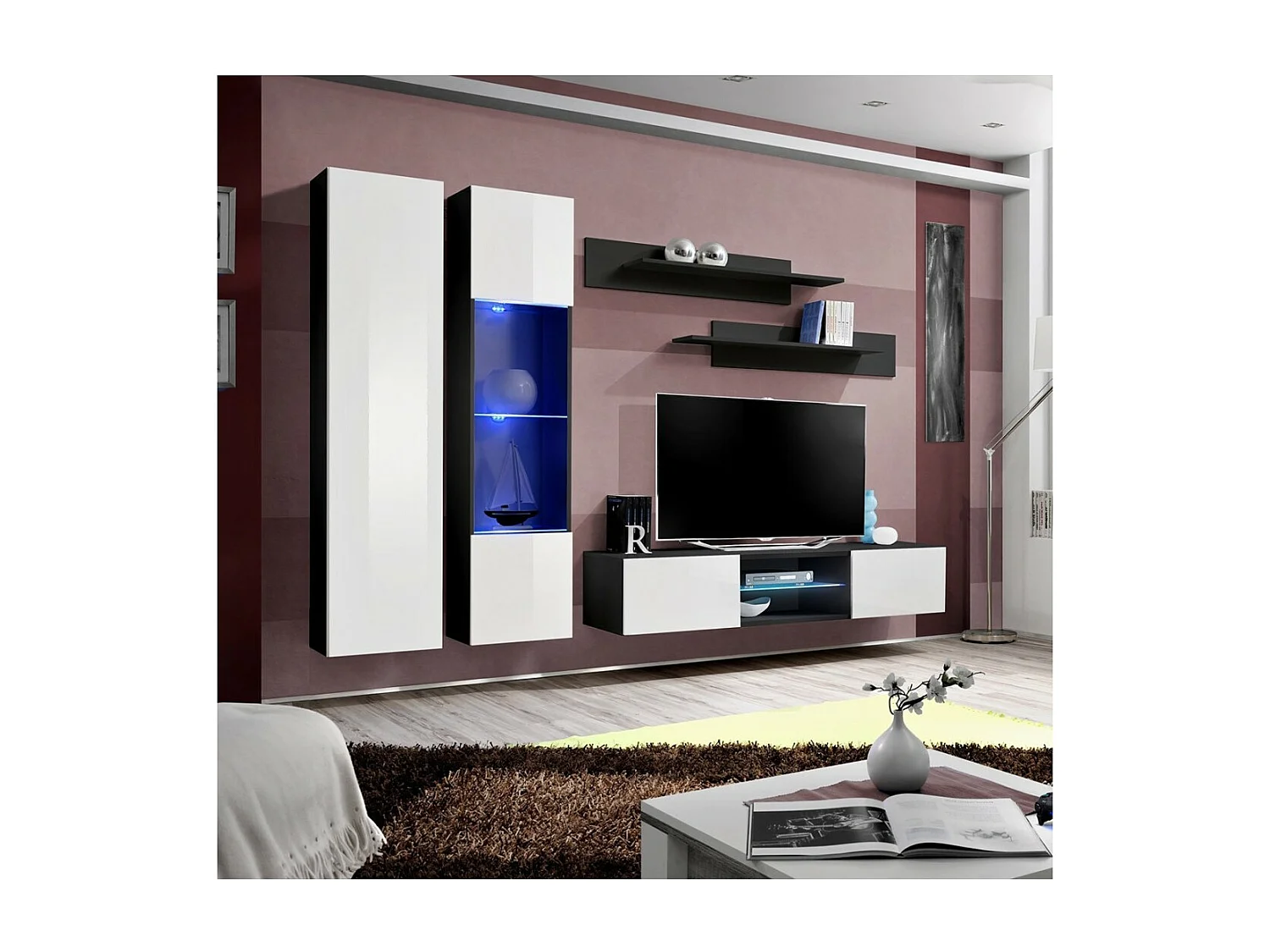 Ensemble Meuble TV FLY O5 avec LED. Coloris noir et blanc. Meuble suspendu design pour votre salon.