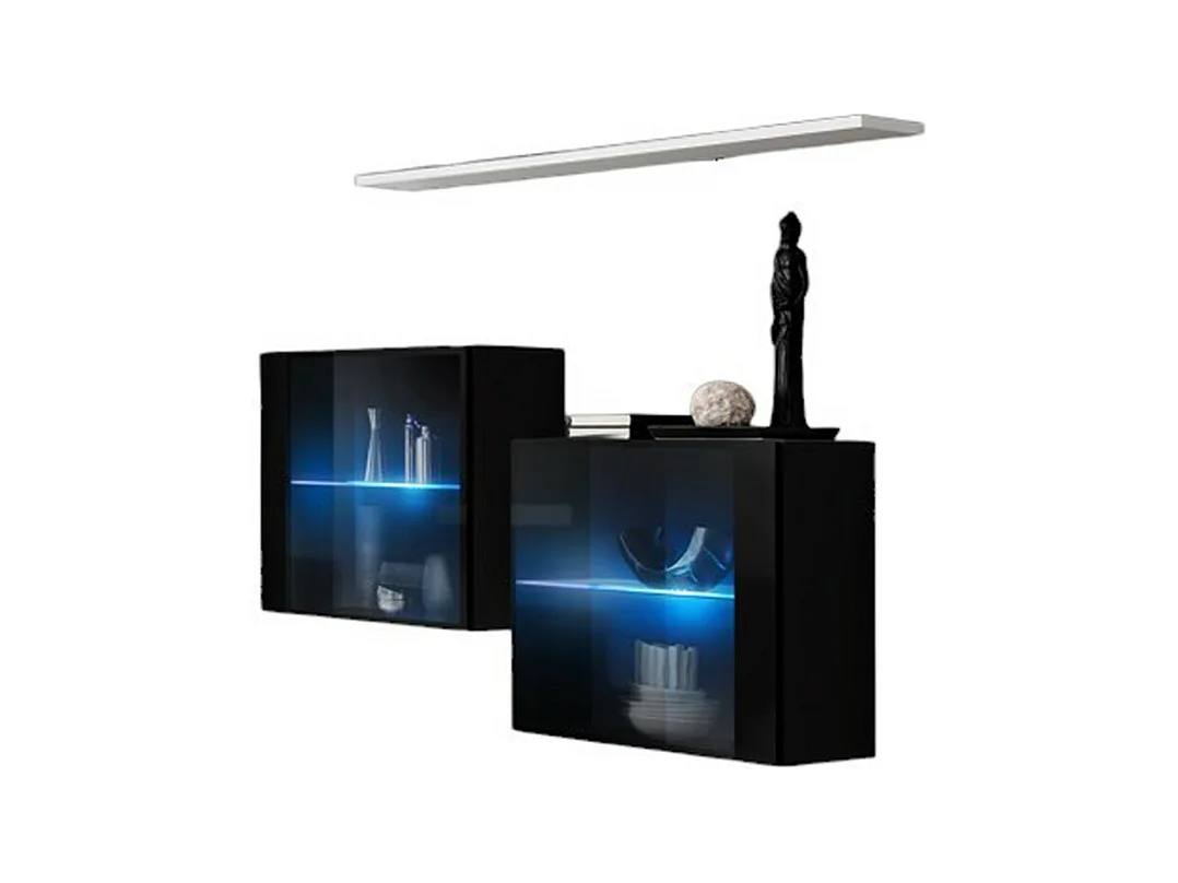 Ensemble salon SWITCH SBIII – Noir brillant, porte vitrée LED intégrée, étagère blanche – Design moderne