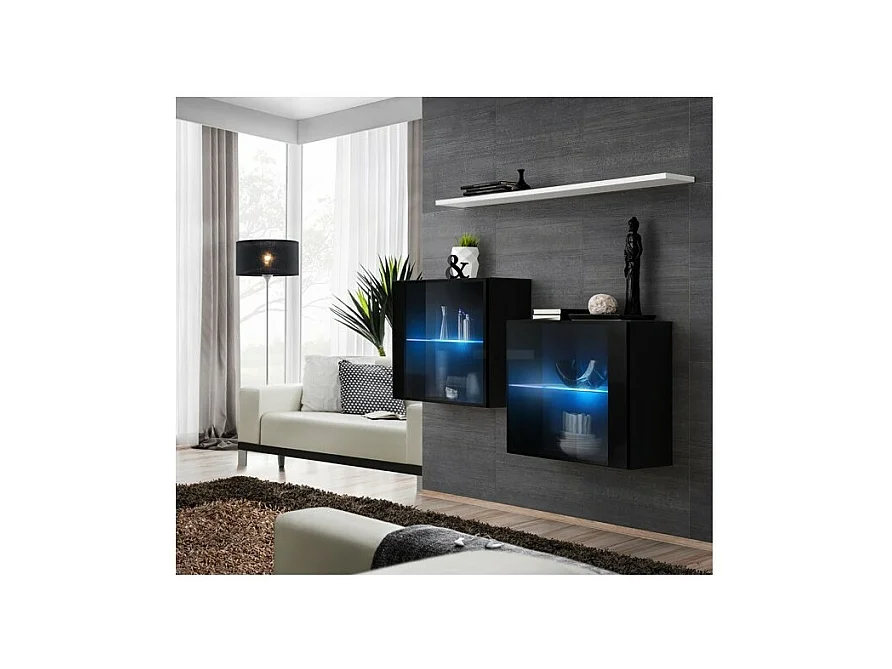Ensemble salon SWITCH SBIII – Noir brillant, porte vitrée LED intégrée, étagère blanche – Design moderne