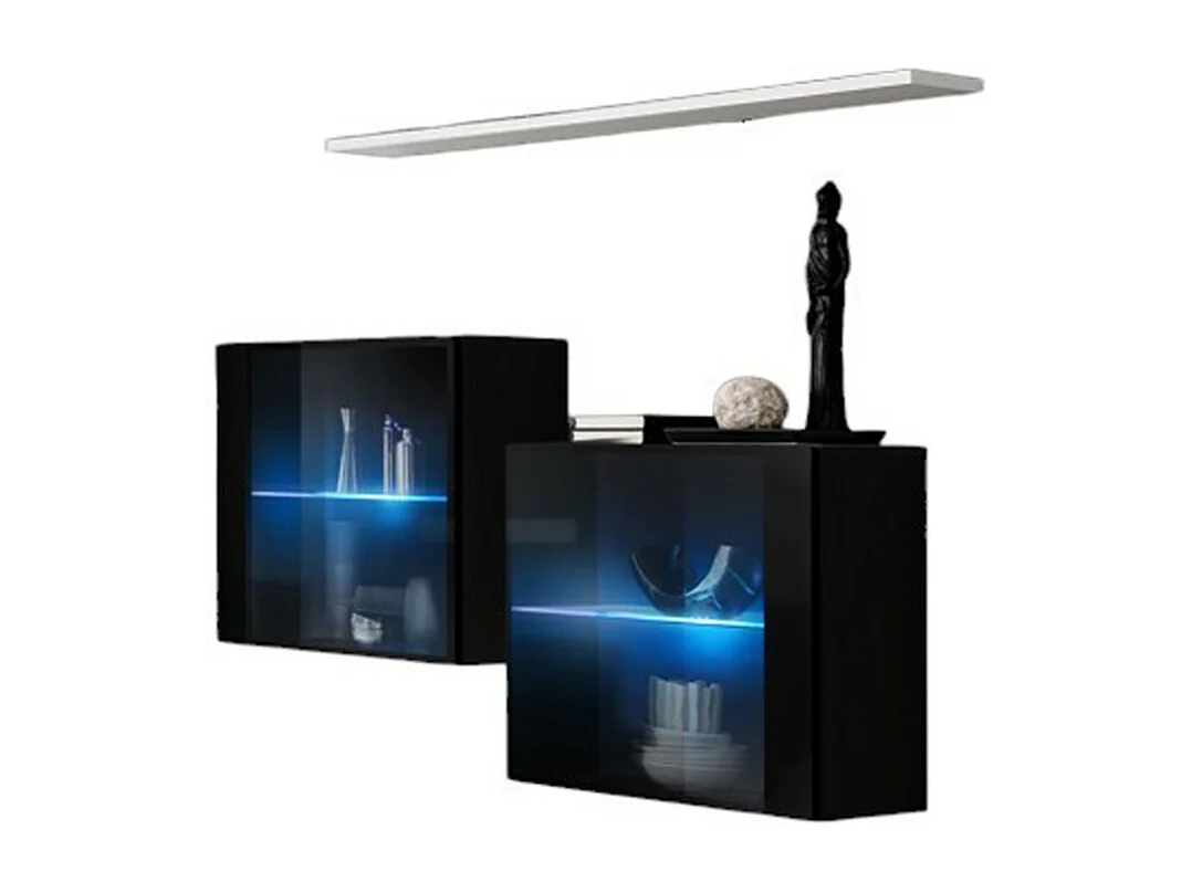 Ensemble salon SWITCH SBIII – Noir brillant, porte vitrée LED intégrée, étagère blanche – Design moderne