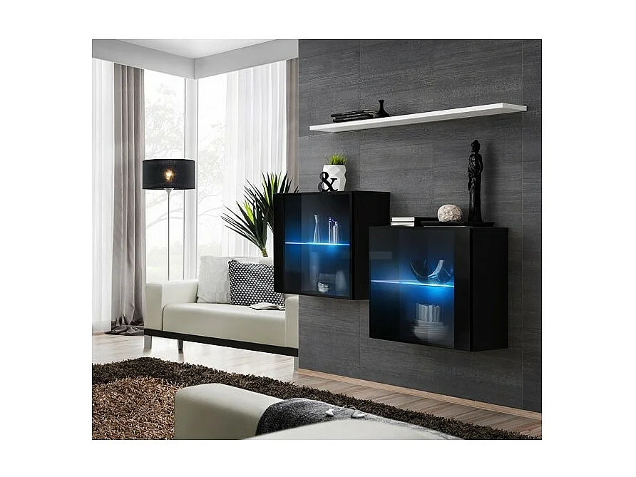 Ensemble salon SWITCH SBIII – Noir brillant, porte vitrée LED intégrée, étagère blanche – Design moderne