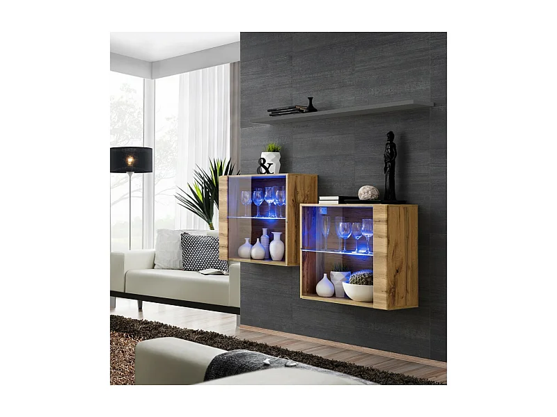 Wohnzimmermöbel-Set SWITCH SBIII, Wotan Eichenfarbe und Glastür mit integriertem LED-System, graues Regal.