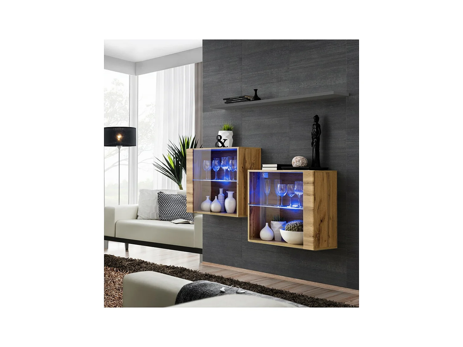 Ensemble meubles de salon SWITCH SBIII, coloris chêne Wotan et porte vitrée avec système LED intégré, étagère grise.