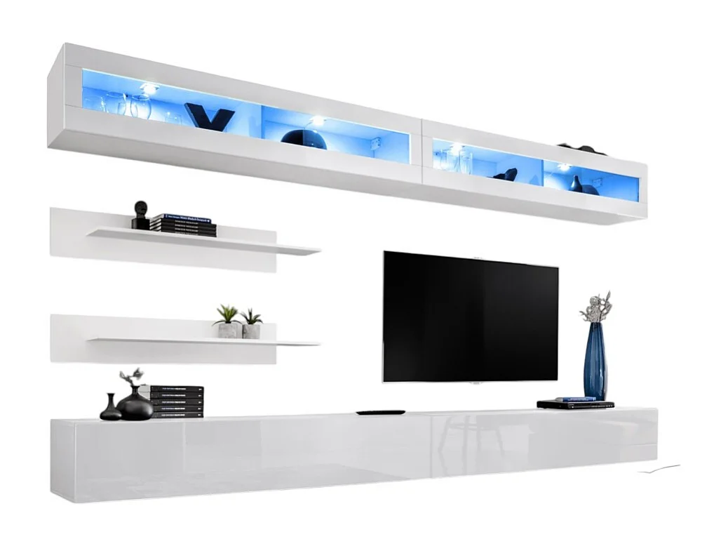 Ensemble de meubles suspendus avec LEDS collection FLY. Coloris blanc.